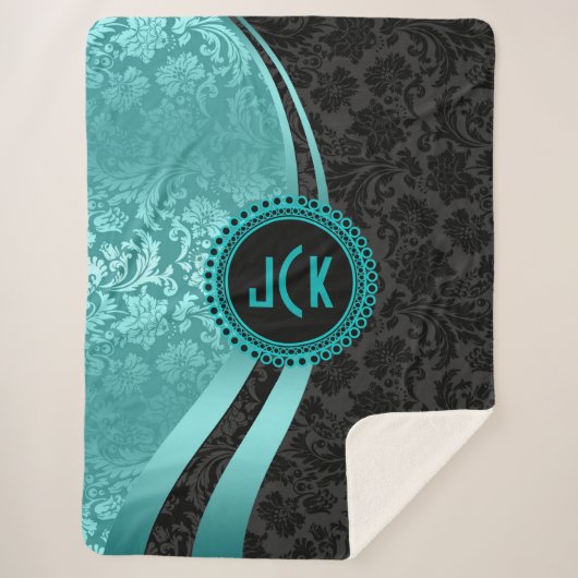 ターコイズブルー&ブラックダマスジオメトリックデザイン シェルパブランケット (正面)