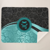 ターコイズブルー&ブラックダマスジオメトリックデザイン シェルパブランケット (正面(横))