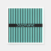 ターコイズブルー ブラック カスタムネーム ストライプ ベビーシャワー スタンダードカクテルナプキン (正面)