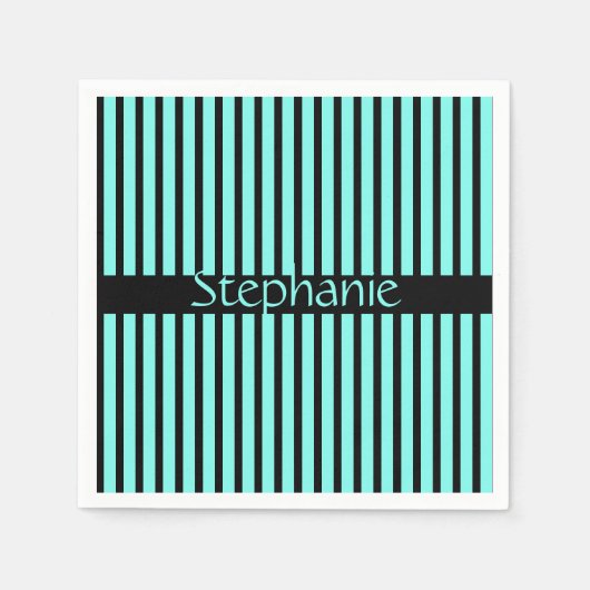 ターコイズブルー ブラック カスタムネーム ストライプ ベビーシャワー スタンダードカクテルナプキン (正面)