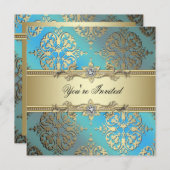 ターコイズブルー ブラック ゴールド ダマスク パーティー 招待状 (正面/裏面)
