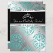 ターコイズブルー ブラック ダマスク ティアラ 15歳の誕生日パーティー 招待状 (正面/裏面)