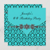 ターコイズブルー ブラック ダマスク 誕生日パーティー 招待状 (正面/裏面)