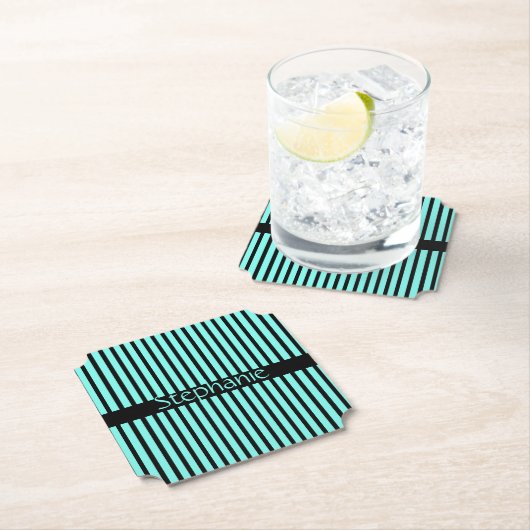 ターコイズブルー ブラック ベビーシャワー オーダーメイド ネーム ストライプ ペーパーコースター (インサイチュ)