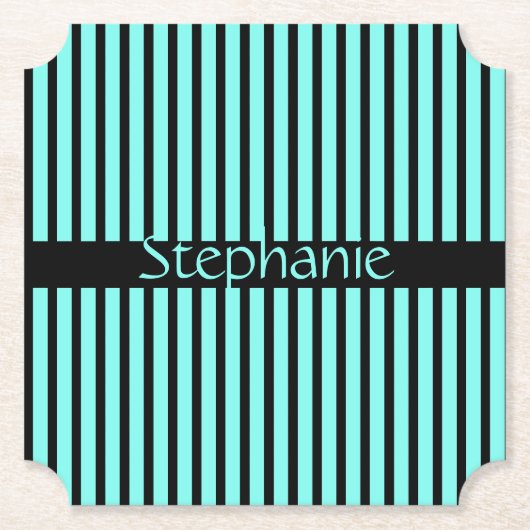 ターコイズブルー ブラック ベビーシャワー カスタムネーム ストライプ ペーパーコースター (正面)