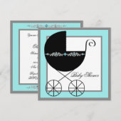 ターコイズブルー ブラック 馬車 ベビーシャワー 招待状 (正面/裏面)
