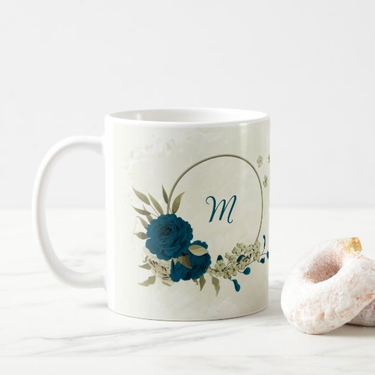 ターコイズブルー ベージュ 花柄 コーヒーマグカップ (ドーナツ)