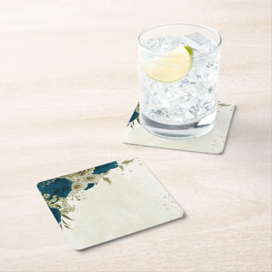 ターコイズブルー ベージュ 花 ボタニカル ウェディング スクエアペーパーコースター (インサイチュ)