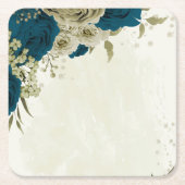 ターコイズブルー ベージュ 花 ボタニカル ウェディング スクエアペーパーコースター (正面)