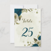 ターコイズブルー ベージュ 花 植物 テーブルナンバーカード 招待状 (裏面)
