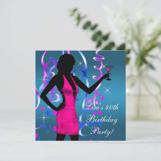 ターコイズブルー ホットピンク 40歳の誕生日パーティー 招待状 (スタンド正面)