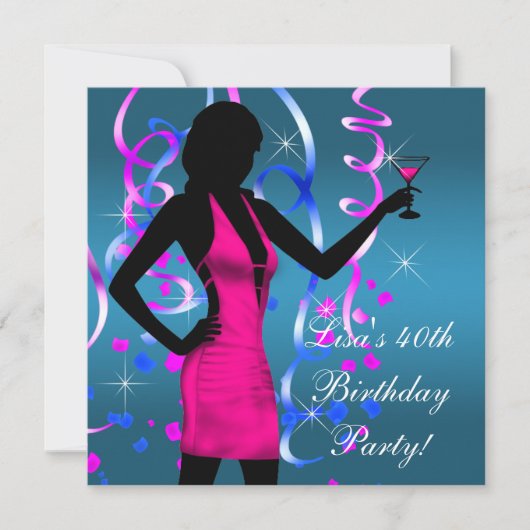 ターコイズブルー ホットピンク 40歳の誕生日パーティー 招待状 (正面)