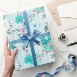 ターコイズブルー&ホワイトフローラストライプのすべての行事 ラッピングペーパー