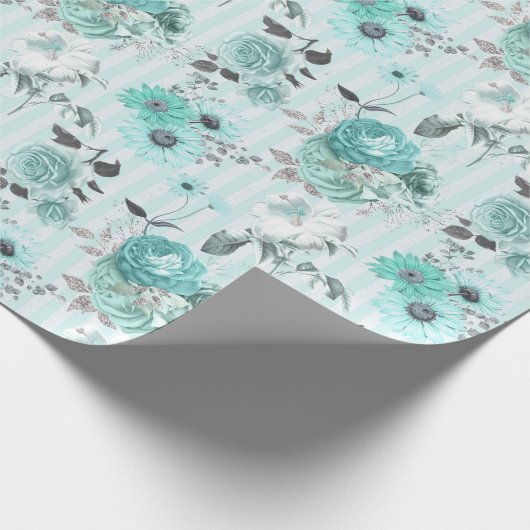 ターコイズブルー&ホワイトフローラストライプのすべての行事 ラッピングペーパー (角)