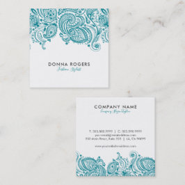 ターコイズブルー&ホワイトフローラペイズリーレース スクエア名刺