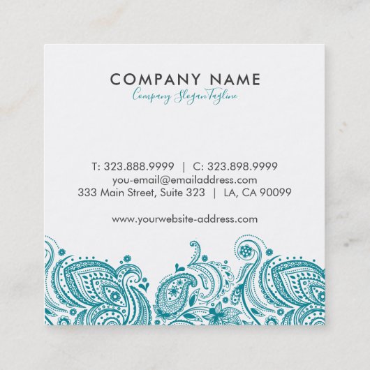 ターコイズブルー&ホワイトフローラペイズリーレース スクエア名刺 (裏面)