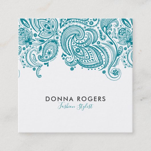 ターコイズブルー&ホワイトフローラペイズリーレース スクエア名刺 (正面)