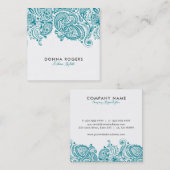ターコイズブルー&ホワイトフローラペイズリーレース スクエア名刺 (正面/裏面)