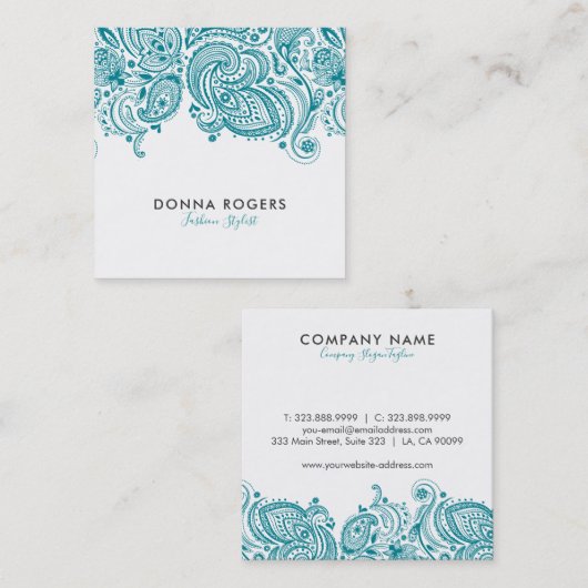ターコイズブルー&ホワイトフローラペイズリーレース スクエア名刺 (正面/裏面)