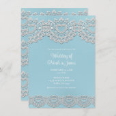 ターコイズブルー ホワイトレース ハート ウェディング 招待状 (正面/裏面)
