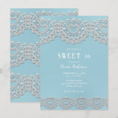 ターコイズブルー ホワイトレース ハート スイート16 招待状 (正面/裏面)