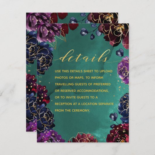 ターコイズブルー、ボルドー、サファイアブルーの宝石のような色合いの詳細とRSVP エンクロージャーカード (正面/裏面)