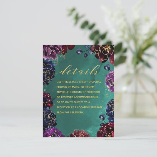 ターコイズブルー、ボルドー、サファイアブルーの宝石のような色合いの詳細とRSVP エンクロージャーカード (スタンド正面)