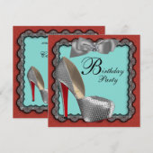 ターコイズブルー・レッド・ブラック&シルバーのハイヒール・シューズ 誕生日 招待状 (正面/裏面)
