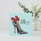 ターコイズブルー レッド ブラック ハイヒール シューズ バースデー パーティー 招待状 (スタンド正面)
