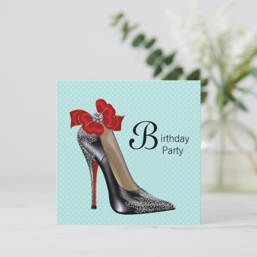 ターコイズブルー レッド ブラック ハイヒール シューズ バースデー パーティー 招待状 (スタンド正面)