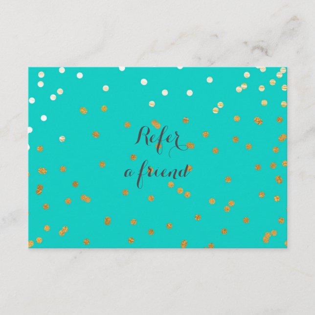 ターコイズブルー&光沢のある金ゴールドドット紹介カード (正面)
