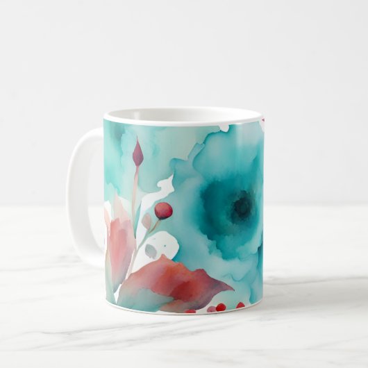 ターコイズブルー 赤 水彩 春の花  コーヒーマグカップ (正面左)