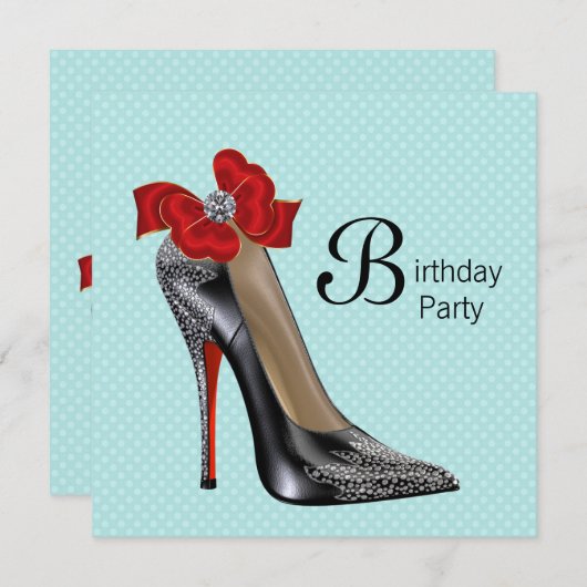 ターコイズブルー 赤 黒 ハイヒール シューズ 誕生日パーティー 招待状 (正面/裏面)