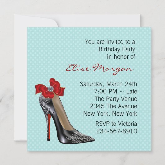 ターコイズブルー 赤 黒 ハイヒール シューズ 誕生日パーティー 招待状 (裏面)