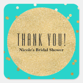 ターコイズブルー&金ゴールド光沢紙吹雪ドットモダン スクエアシール