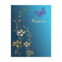 ターコイズブルー、金、紫の花と蝶の出欠確認