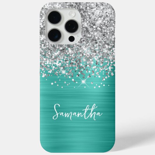 ターコイズブルー+銀グリッターの華やかネーム Case-Mate iPhoneケース (裏面)