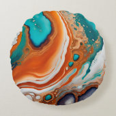 ターコイズブルー、錆び金ゴールド絵を描抽象芸術 ラウンドクッション (正面)