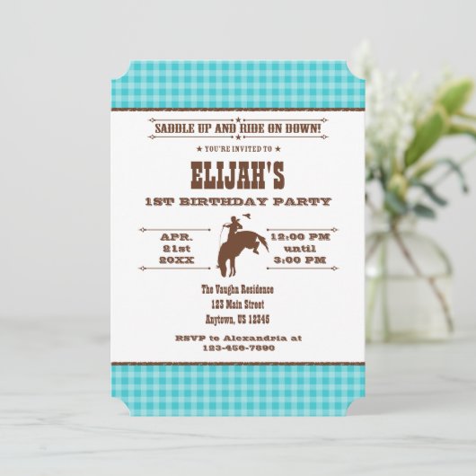 ターコイズプレイドカウボーイロデオ誕生日招待状 招待状 (スタンド正面)