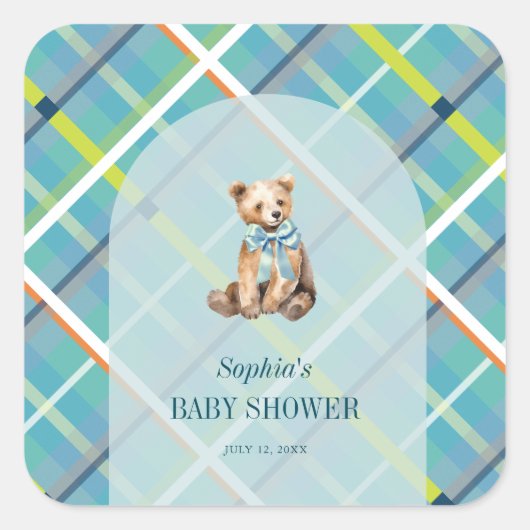 ターコイズプレイドテディベア少年ベイビーシャワー スクエアシール (正面)