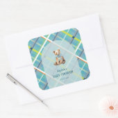 ターコイズプレイドテディベア少年ベイビーシャワー スクエアシール (封筒)