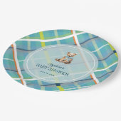 ターコイズプレイドテディベア少年ベイビーシャワー ペーパープレート (アングル)