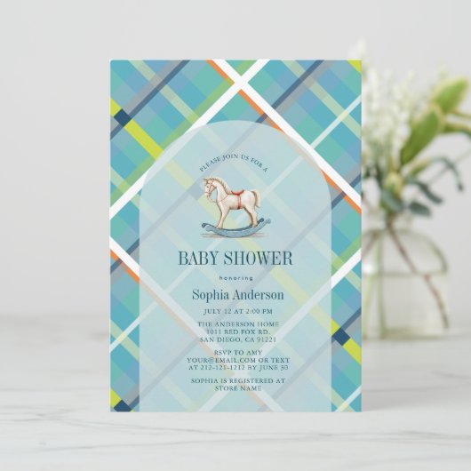 ターコイズプレイド揺動馬少年ベイビーシャワー 招待状 (スタンド正面)