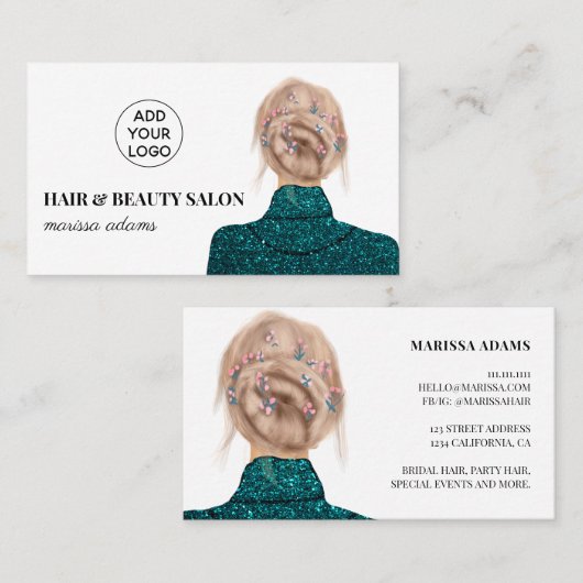 ターコイズヘア美しいサロンファッションイラストレーション 名刺 (正面/裏面)