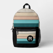 ターコイズベージュティール（緑がかった色）グリーンブラックアートストライプズ プリントバックパック (正面)