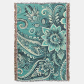 ターコイズペイズリーフローラルパターン スローブランケット (正面縦)