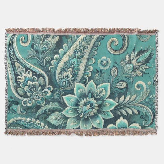 ターコイズペイズリーフローラルパターン スローブランケット (正面)