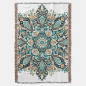 ターコイズペイズリーマンダラと金ゴールドアクセント1 スローブランケット (正面縦)