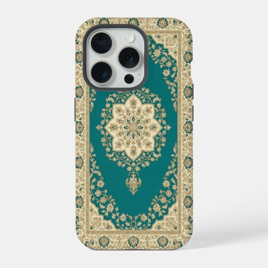 ターコイズペルシャ絨毯モチーフの電話ケース メダリオン・フレーム iPhoneケース (裏面)