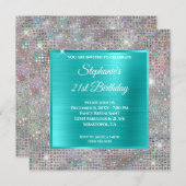 ターコイズホログラフダイヤモンドスタッドフォイル誕生日 招待状 (正面/裏面)
